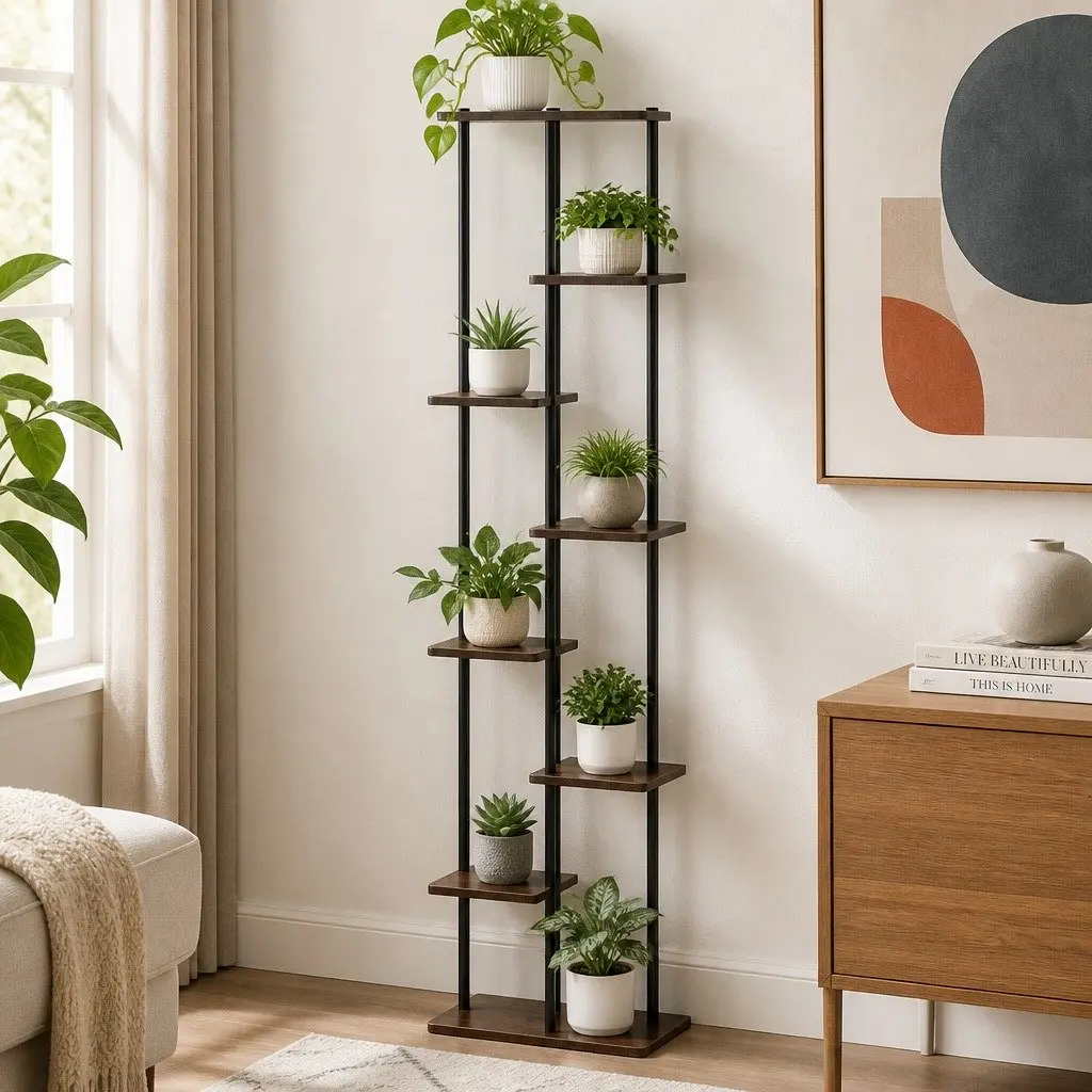 8-Tier Plant Stand Metal Flower Shelf Indoor Outdoor Garden Display Organiser Black and Brown 40cm W x 24cm D x 169cm H