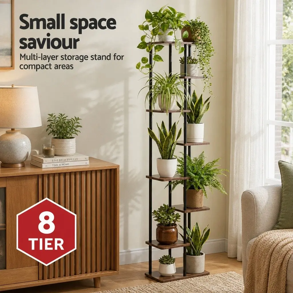 8-Tier Plant Stand Metal Flower Shelf Indoor Outdoor Garden Display Organiser Black and Brown 40cm W x 24cm D x 169cm H