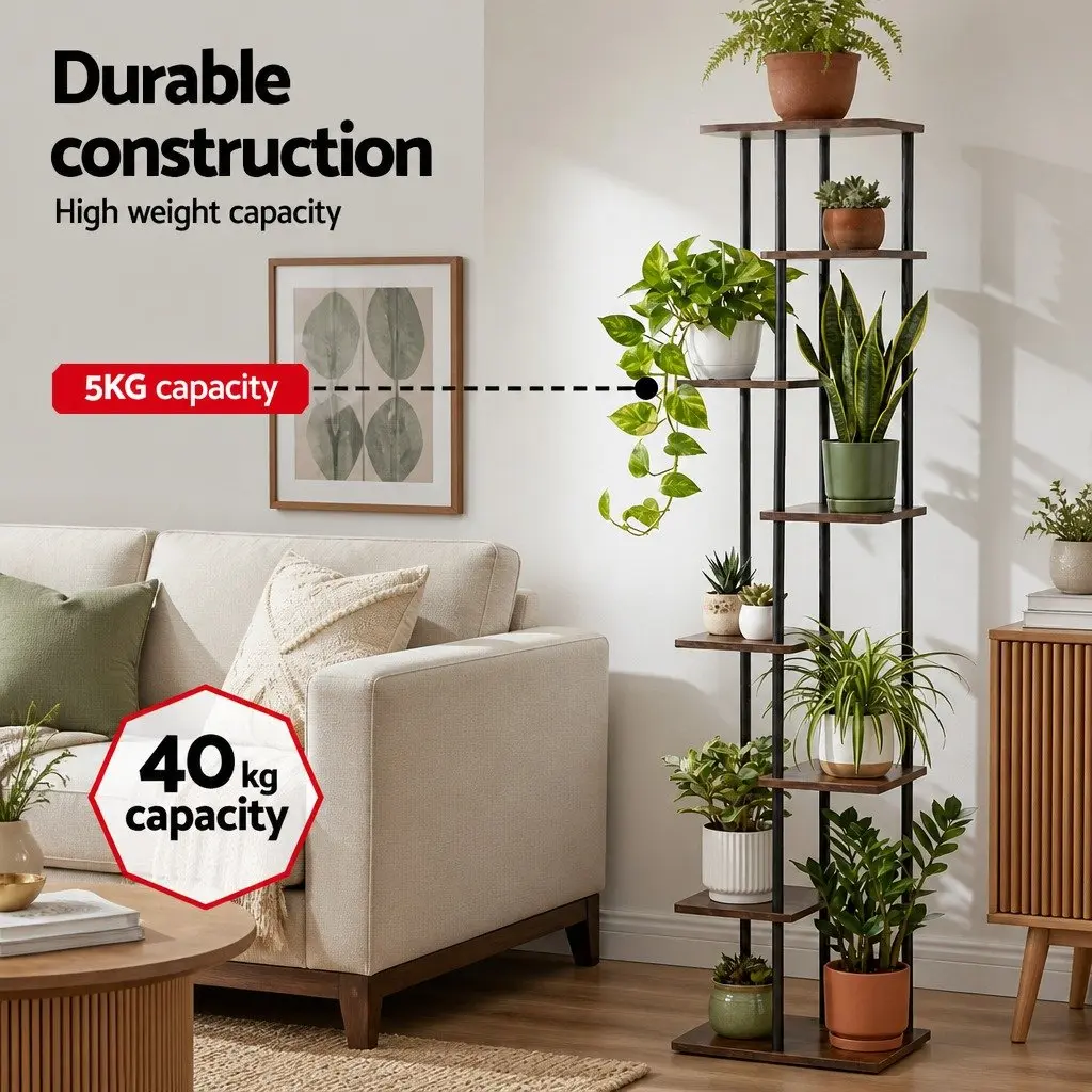 8-Tier Plant Stand Metal Flower Shelf Indoor Outdoor Garden Display Organiser Black and Brown 40cm W x 24cm D x 169cm H