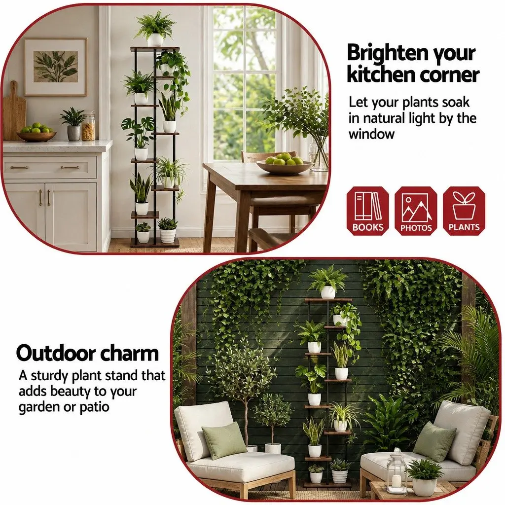 8-Tier Plant Stand Metal Flower Shelf Indoor Outdoor Garden Display Organiser Black and Brown 40cm W x 24cm D x 169cm H