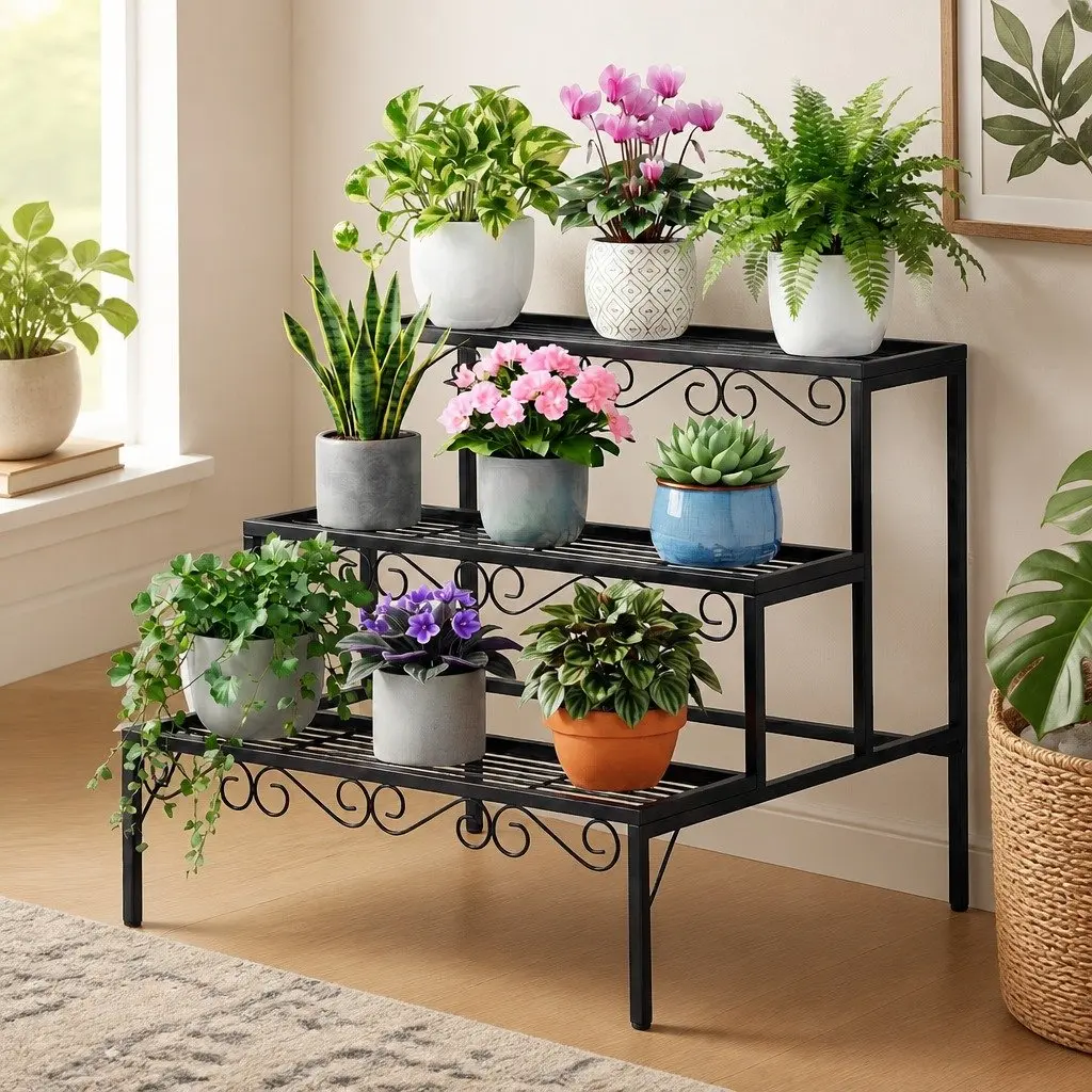 Metal Plant Stand 3 Tier Display Holder Indoor Outdoor Black Silver