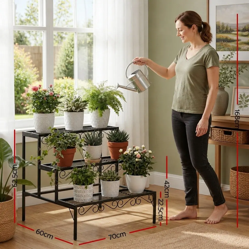 Metal Plant Stand 3 Tier Display Holder Indoor Outdoor Black Silver