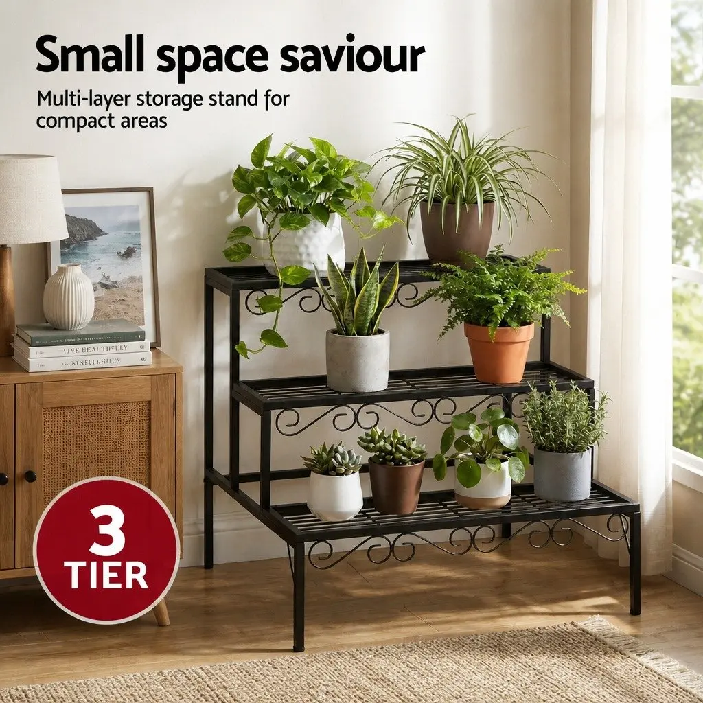 Metal Plant Stand 3 Tier Display Holder Indoor Outdoor Black Silver