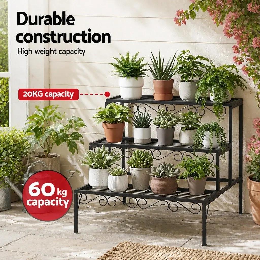 Metal Plant Stand 3 Tier Display Holder Indoor Outdoor Black Silver