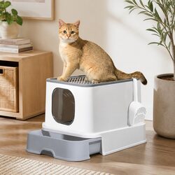 Enclosed Cat Litter Box with Double Door Design Grey Large Spacious Pet Toilet