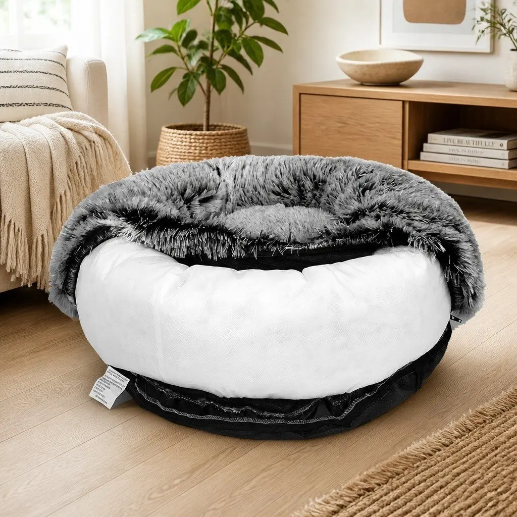 Pet Bed Donut Nest Calming Large Charcoal Dog Cat Cushion Plush Comfort Non-slip Bottom