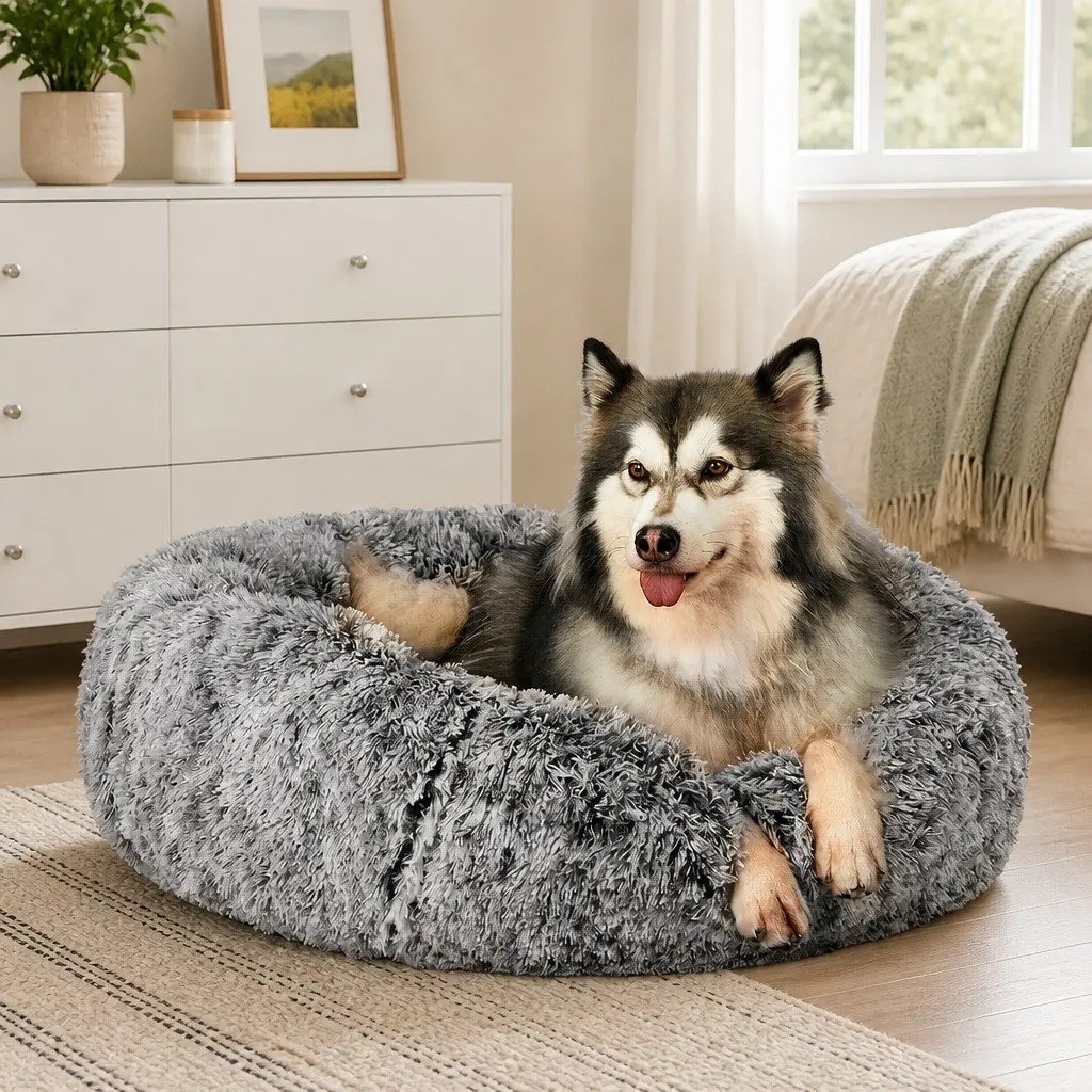 Pet Bed Donut Nest Calming Large Charcoal Dog Cat Cushion Plush Comfort Non-slip Bottom