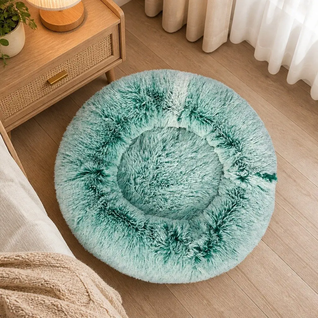 Pet Bed Donut Nest Calming Large Teal Plush Comfort Raised Rim Non-Slip