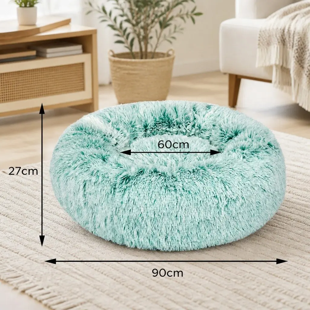 Pet Bed Donut Nest Calming Large Teal Plush Comfort Raised Rim Non-Slip