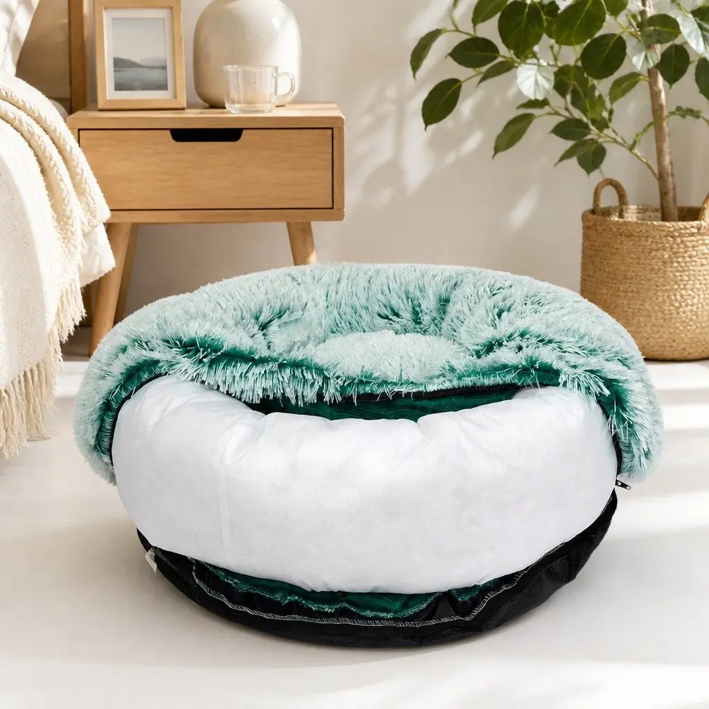 Pet Bed Donut Nest Calming Large Teal Plush Comfort Raised Rim Non-Slip