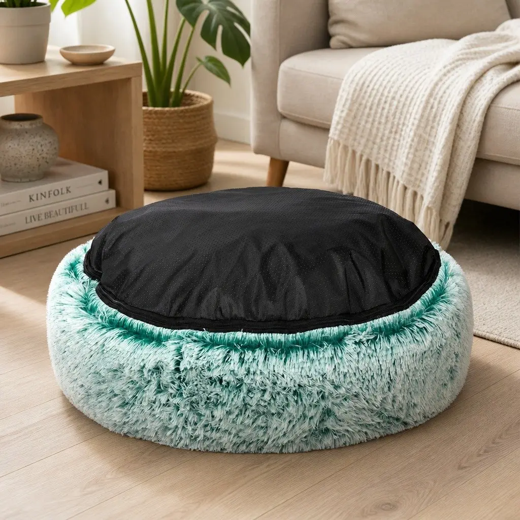 Pet Bed Donut Nest Calming Large Teal Plush Comfort Raised Rim Non-Slip