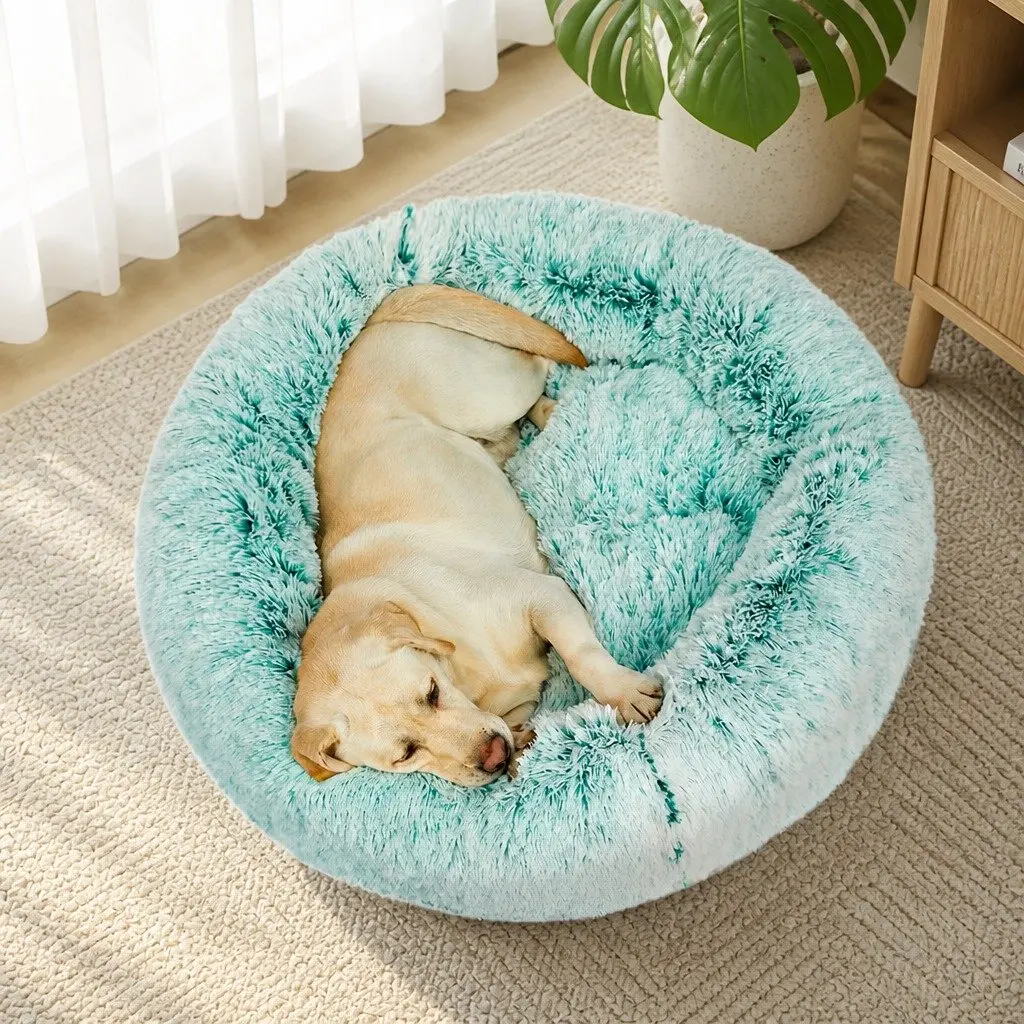 Pet Bed Donut Nest Calming Large Teal Plush Comfort Raised Rim Non-Slip