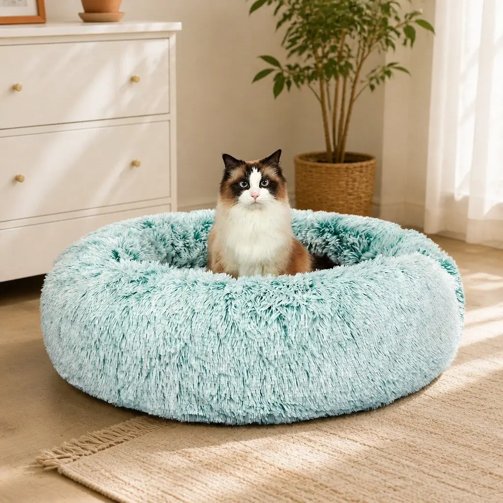 Pet Bed Donut Nest Calming Large Teal Plush Comfort Raised Rim Non-Slip