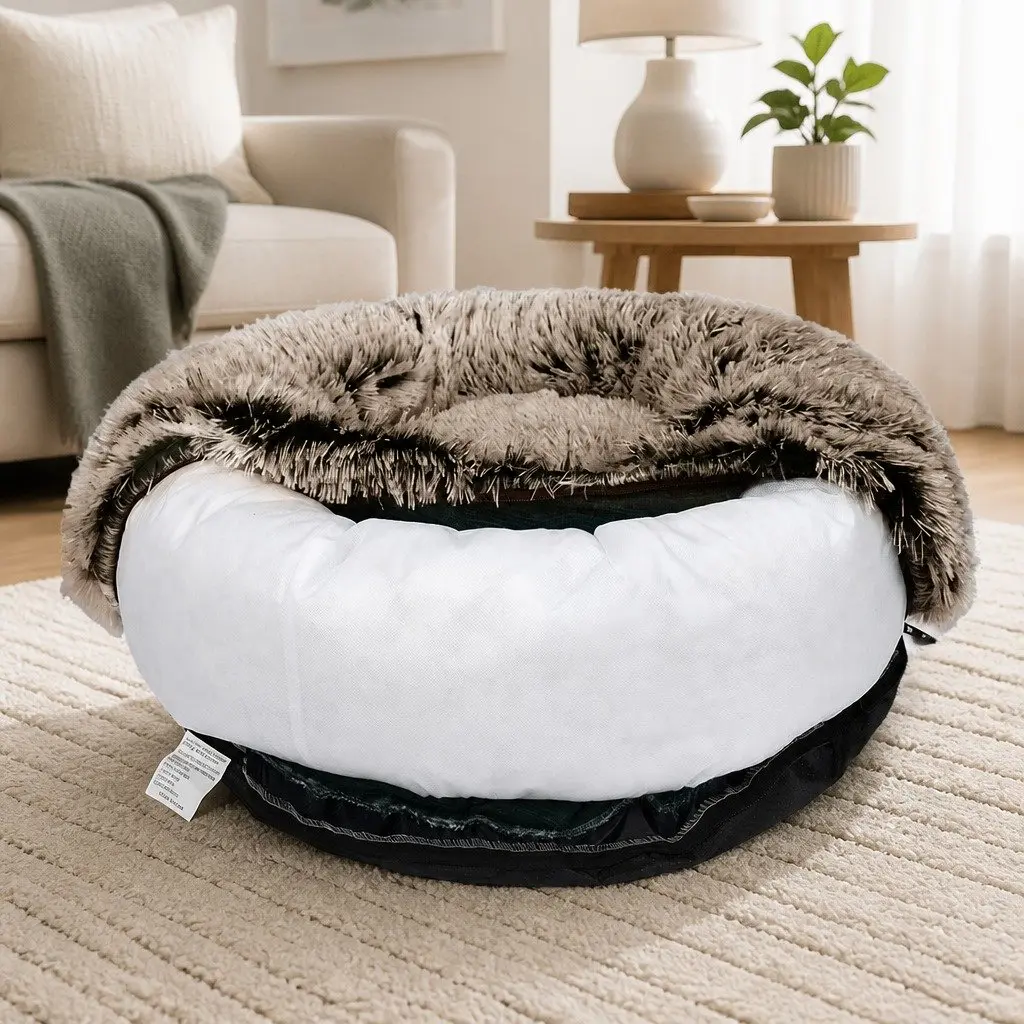 Dog Calming Bed Cover Medium Donut Shape Removable Plush Charcoal Pink Teal