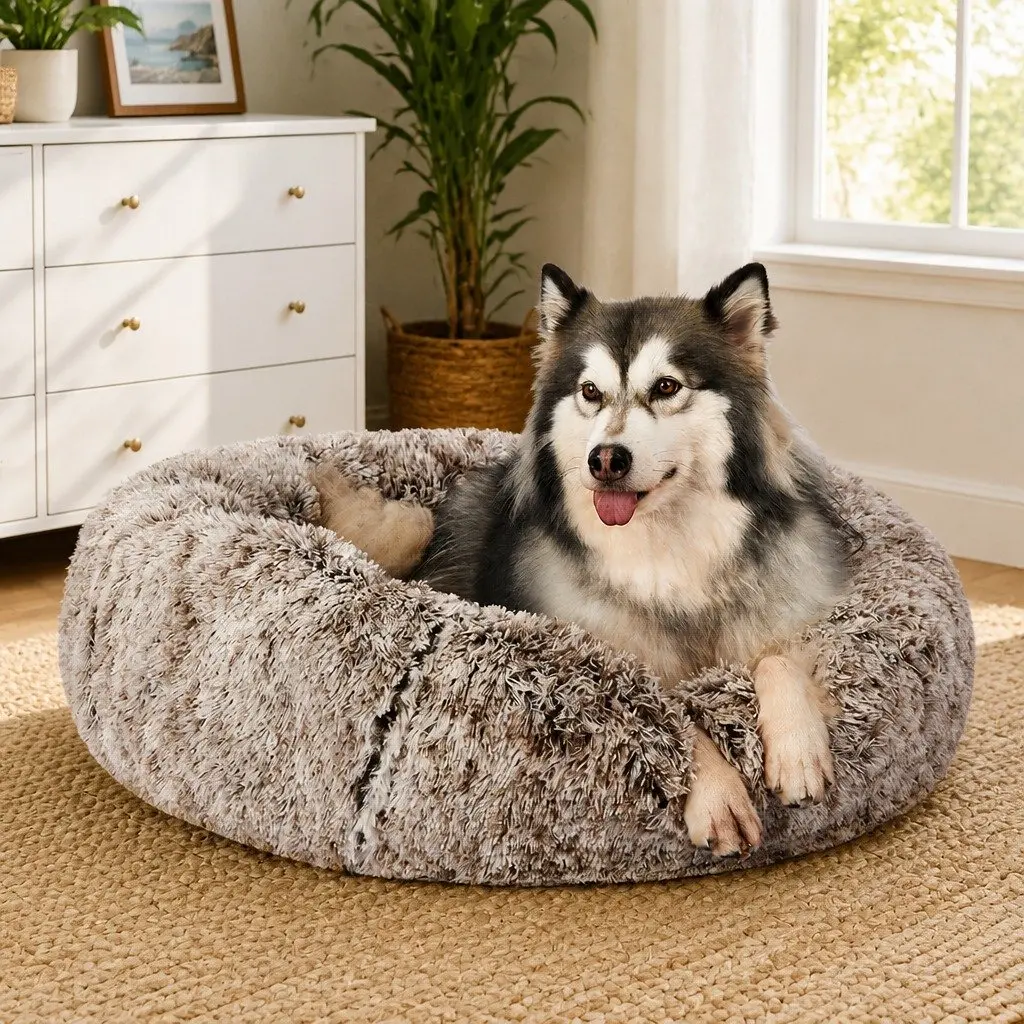 Dog Calming Bed Cover Medium Donut Shape Removable Plush Charcoal Pink Teal