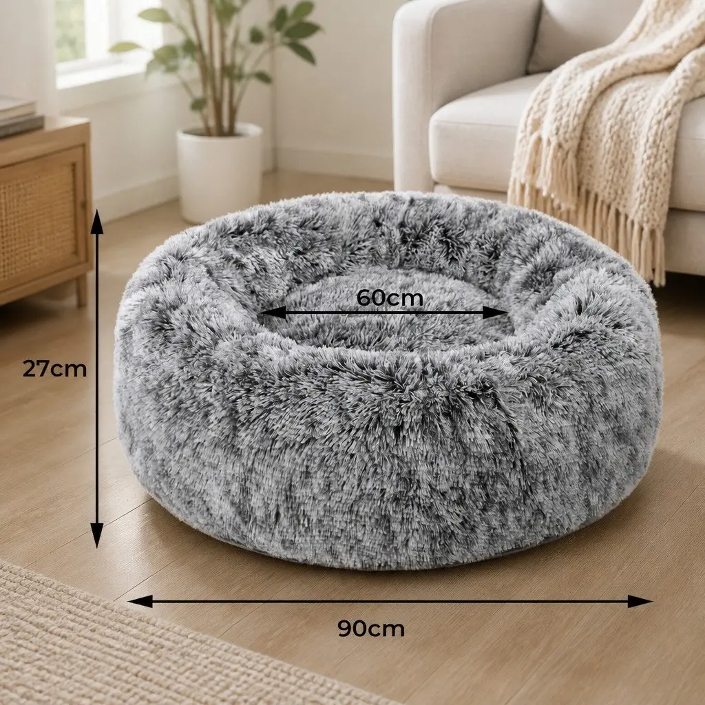 Pet Bed Donut Nest Cat Dog Calming Medium Charcoal Raised Rim Plush Comfort