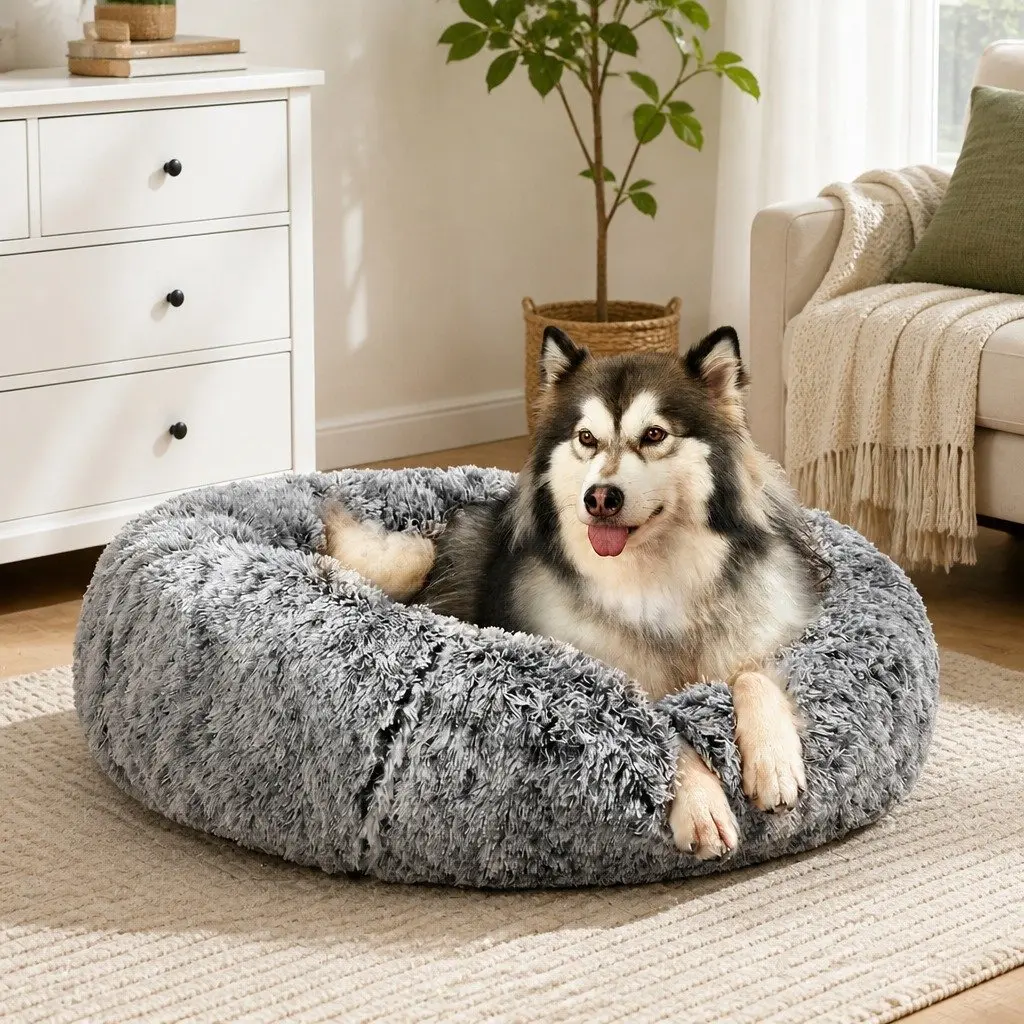 Pet Bed Donut Nest Cat Dog Calming Medium Charcoal Raised Rim Plush Comfort