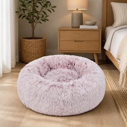 Cozy Pink Plush Pet Donut Bed for Anxiety Relief