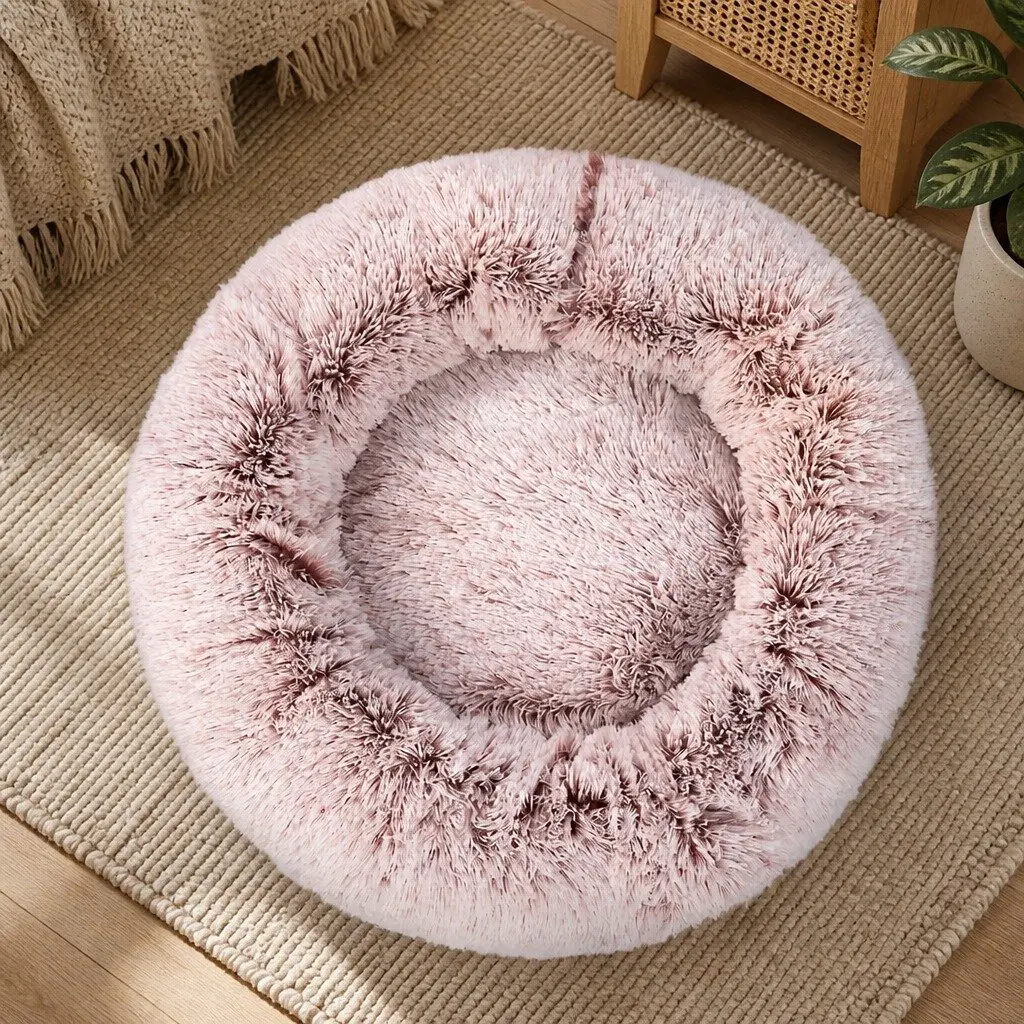 Pet Bed Donut Shape Calming Nest Medium Pink Plush Comfort