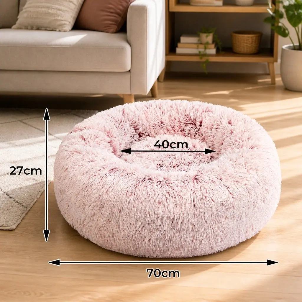 Pet Bed Donut Shape Calming Nest Medium Pink Plush Comfort