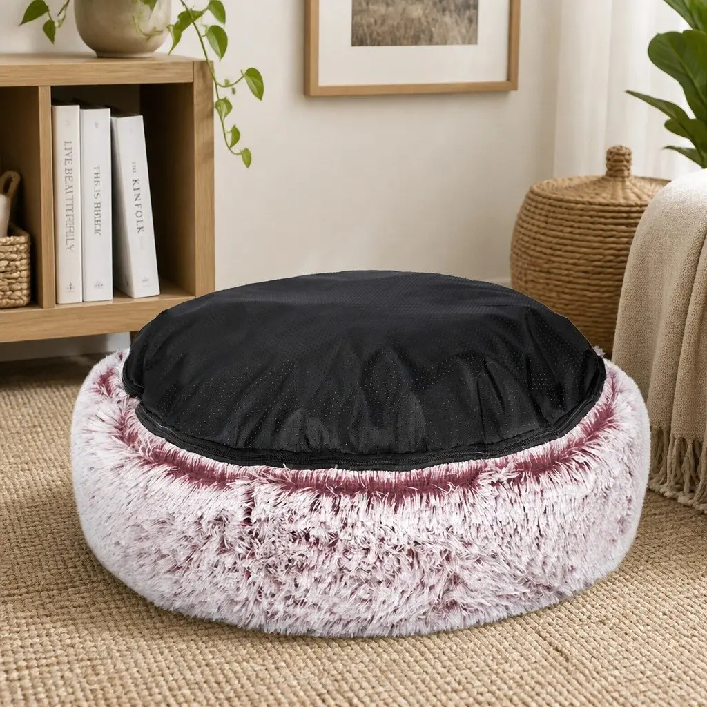 Pet Bed Donut Shape Calming Nest Medium Pink Plush Comfort
