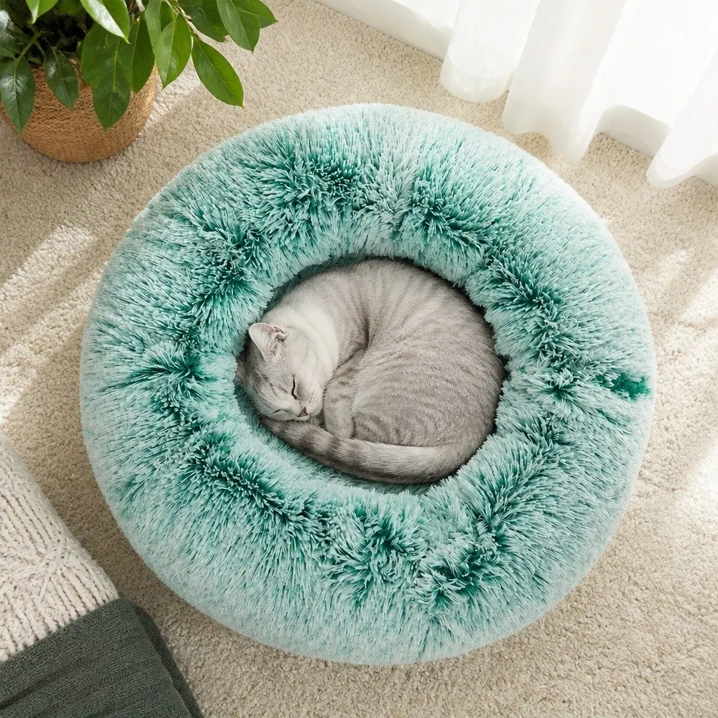 Pet Bed Donut Nest Calming Medium Teal Plush Comfort Raised Rim