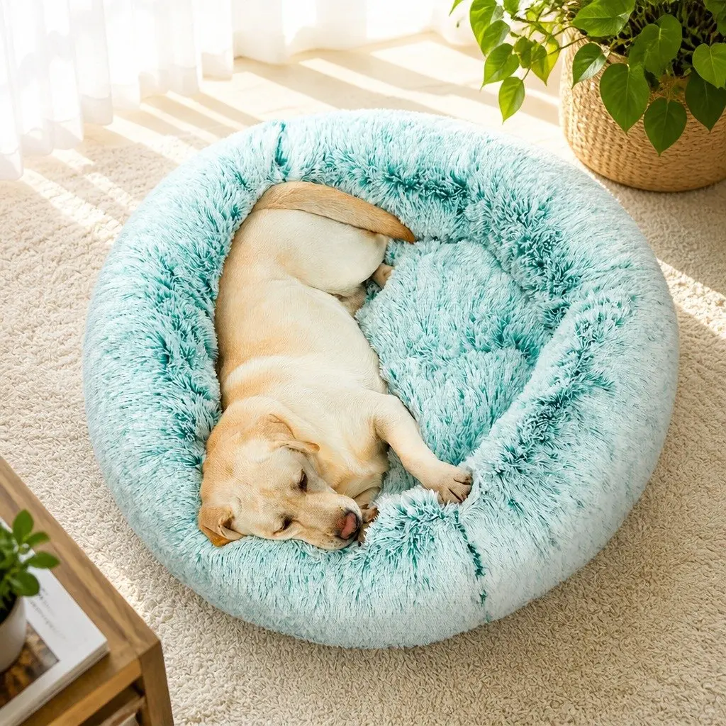 Pet Bed Donut Nest Calming Medium Teal Plush Comfort Raised Rim