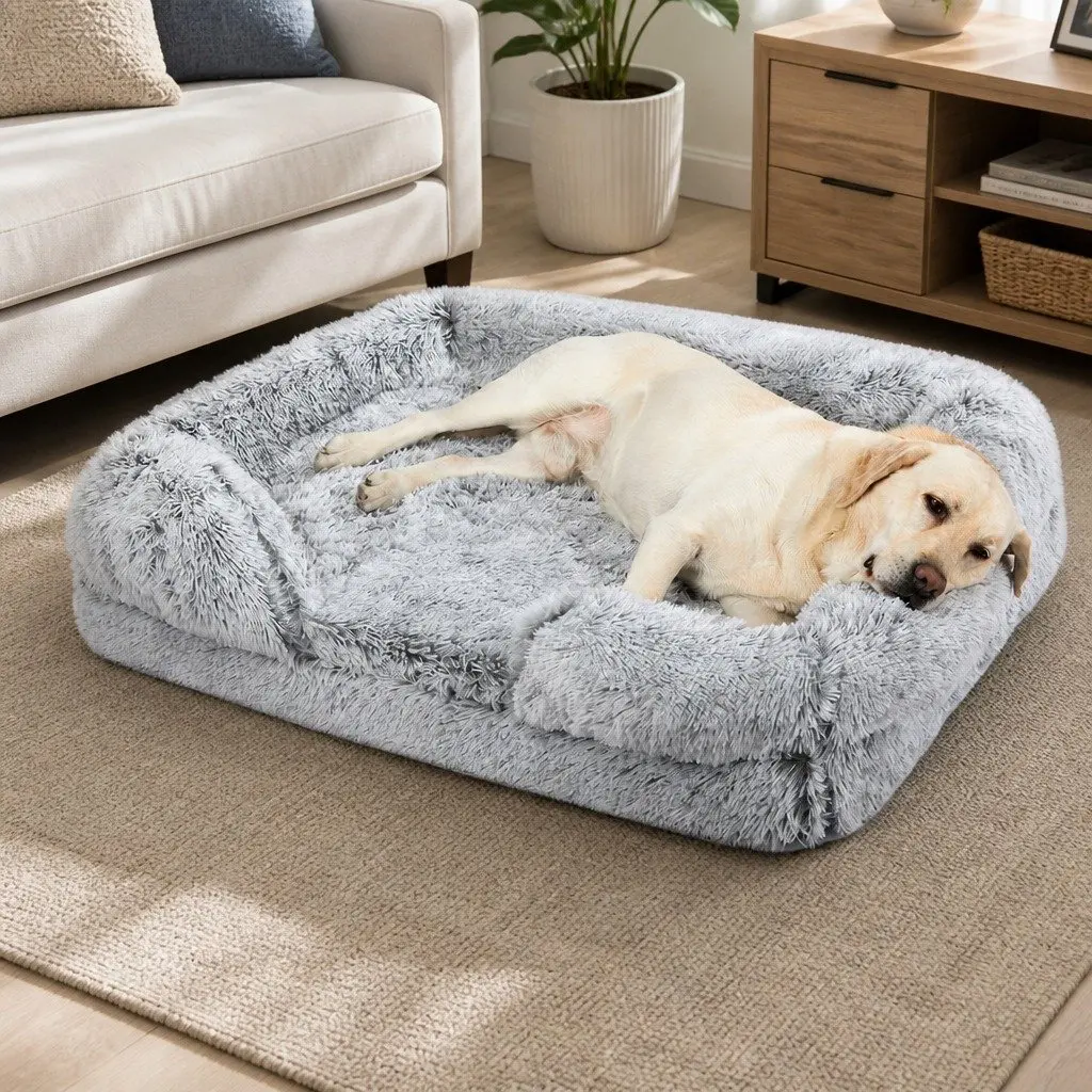Orthopedic Pet Bed Memory Foam Large Size Grey Plush Bolster