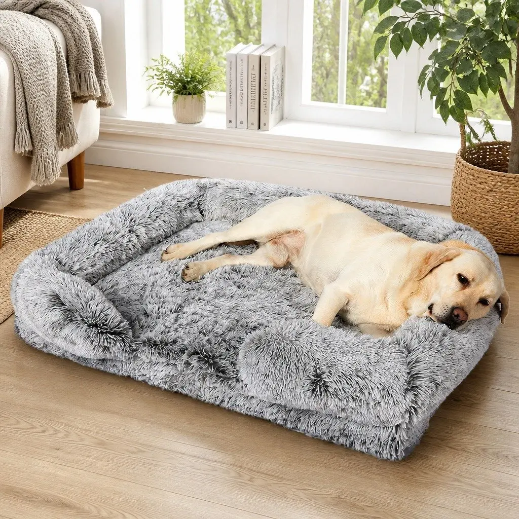 Orthopedic Pet Bed Memory Foam Large Size Grey Plush Bolster
