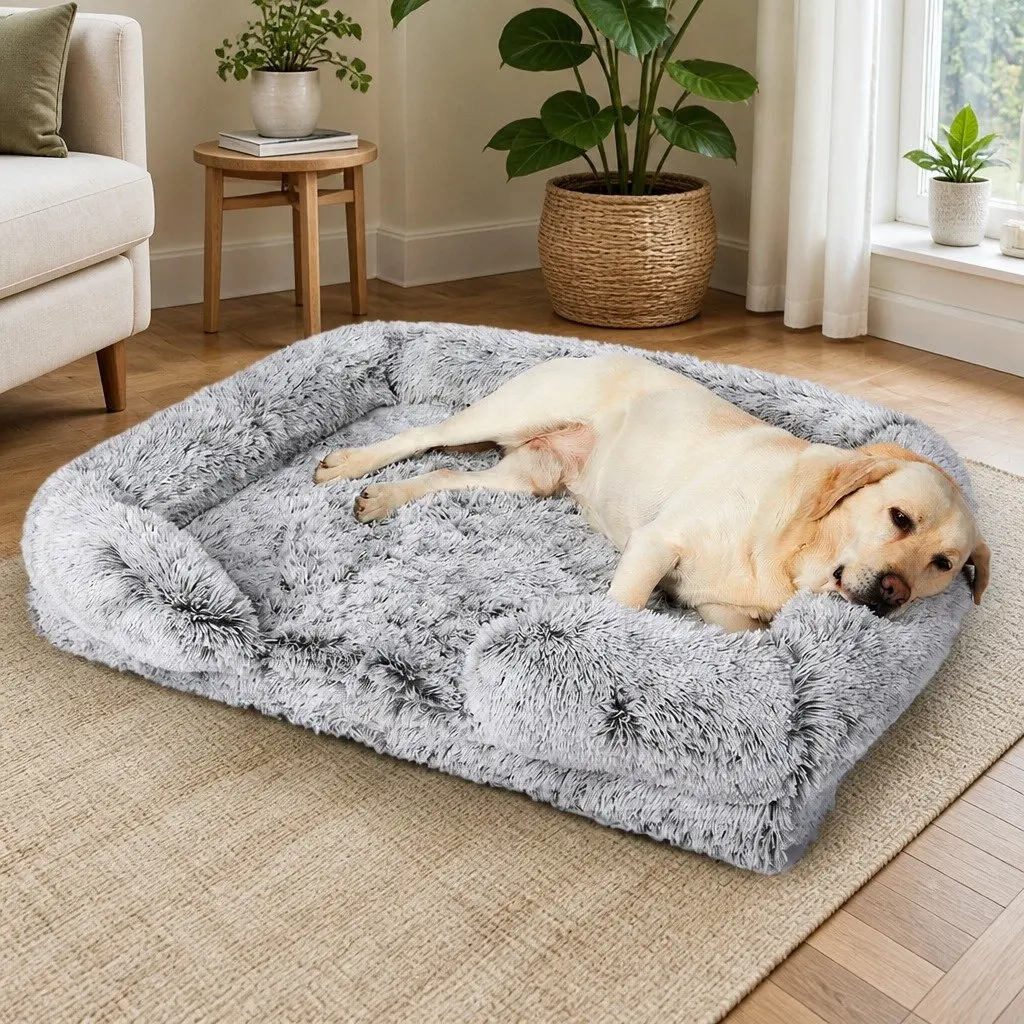 Orthopedic Pet Bed Memory Foam Large Size Grey Plush Bolster