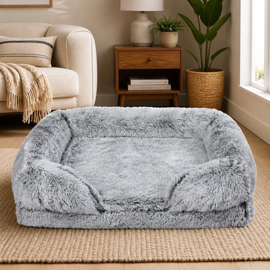 Orthopedic Pet Bed Medium Memory Foam Supportive Bolster Plush Grey