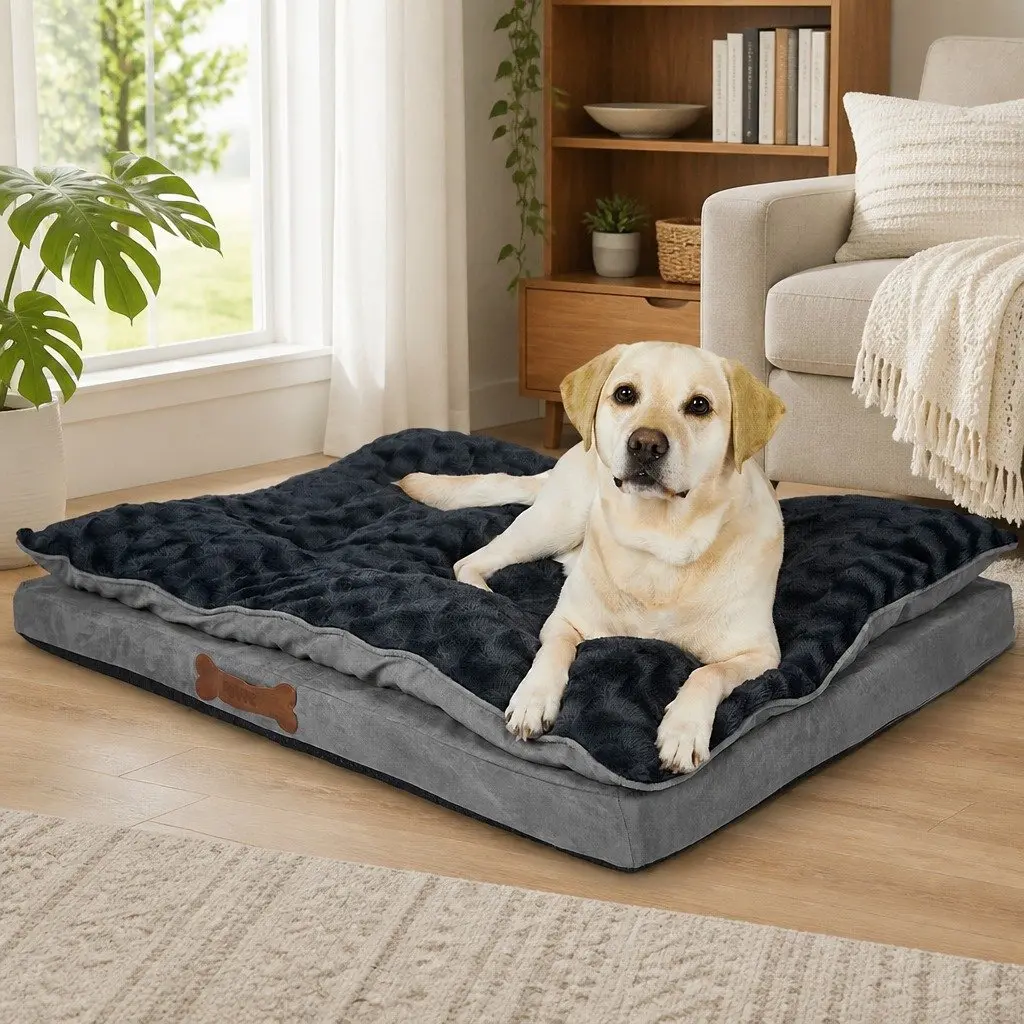 Dog Calming Bed XL Memory Foam Pet Mattress Soft Plush Washable Cover Grey
