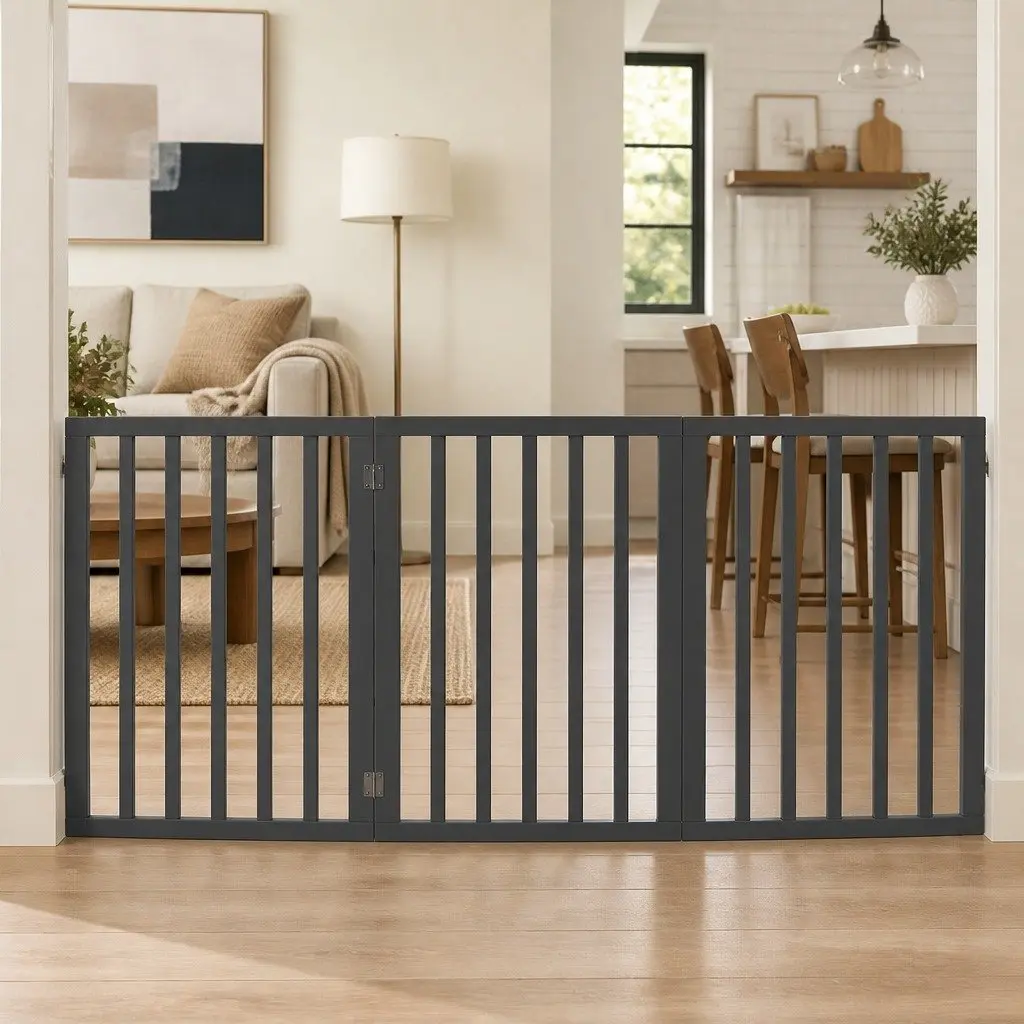 Wooden Pet Gate Foldable Dog Fence Free Standing Indoor Barrier Safety Grey