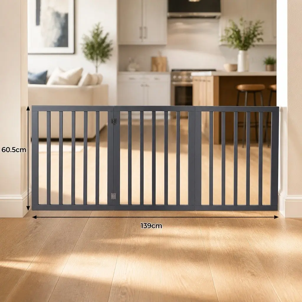 Wooden Pet Gate Foldable Dog Fence Free Standing Indoor Barrier Safety Grey