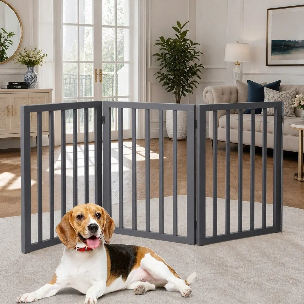 Wooden Pet Gate Foldable Dog Fence Free Standing Indoor Barrier Safety Grey