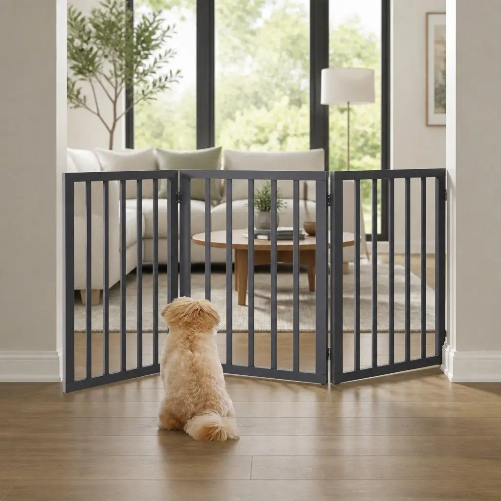 Wooden Pet Gate Foldable Dog Fence Free Standing Indoor Barrier Safety Grey