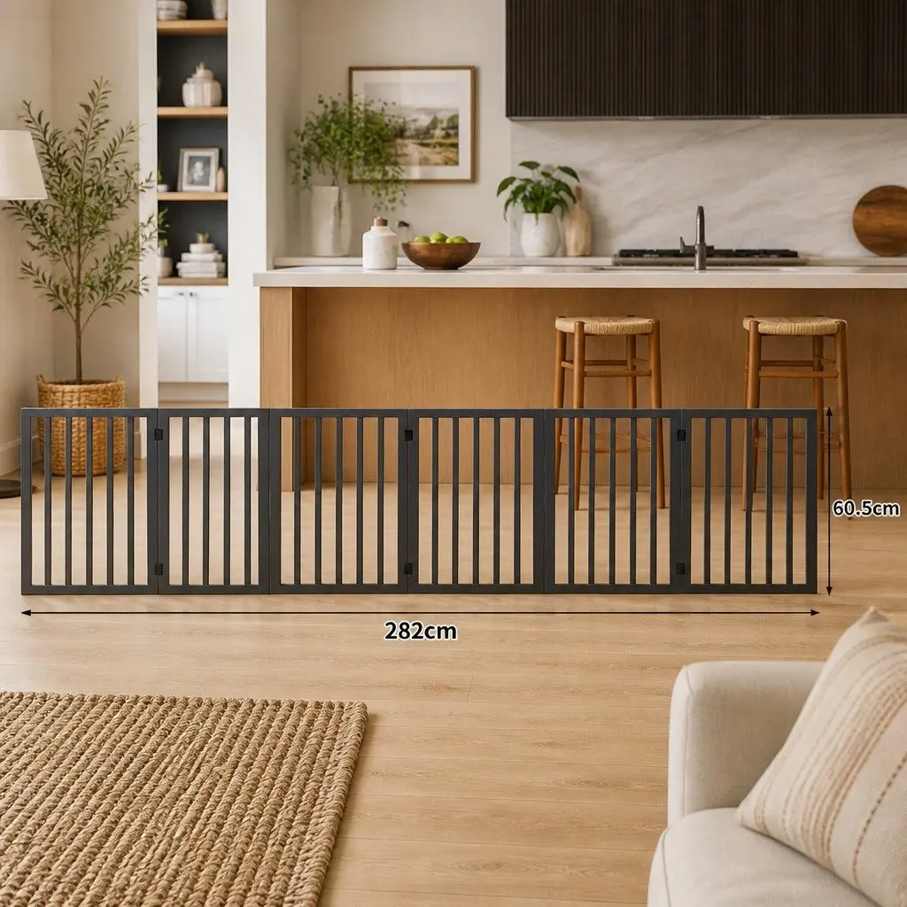 Wooden Pet Gate Foldable Dog Fence Safety Barrier Playpen 6 Panel Grey