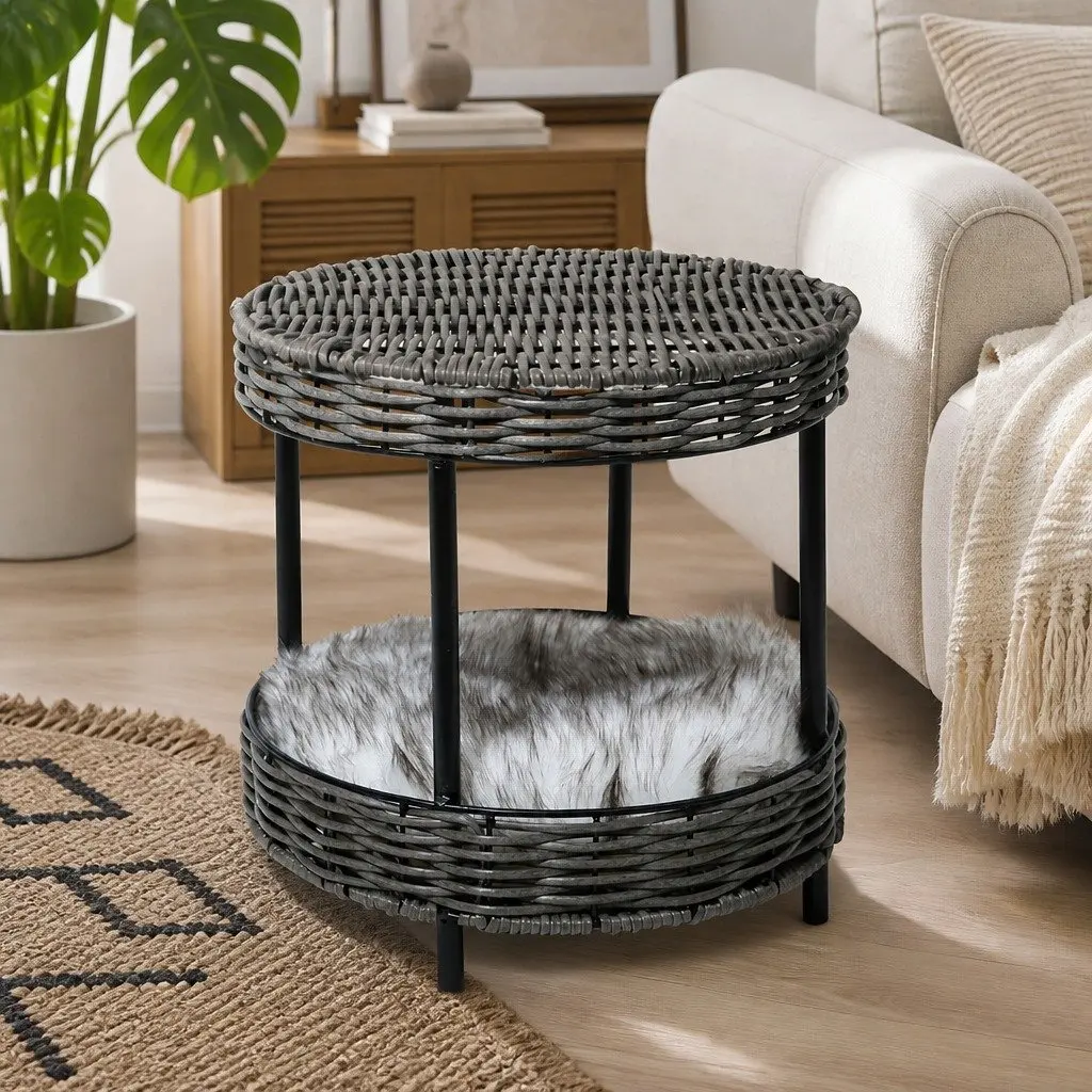 Elevated Rattan Pet Bed Raised Cat House with Soft Cushion Indoor Furniture