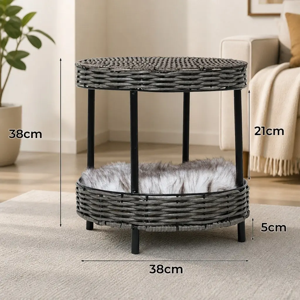 Elevated Pet Bed Indoor Cat House 38cm Soft Cushion Rattan