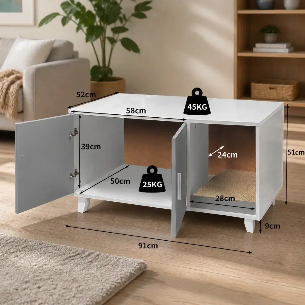 Cat Litter Box Enclosure Cabinet Wooden Furniture Grey Indoor Side Table
