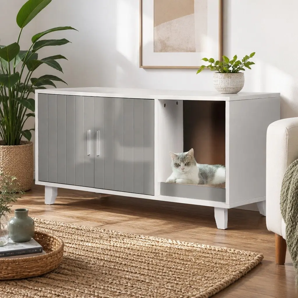 Cat Litter Box Enclosure Cabinet Wooden Furniture Grey Indoor Side Table