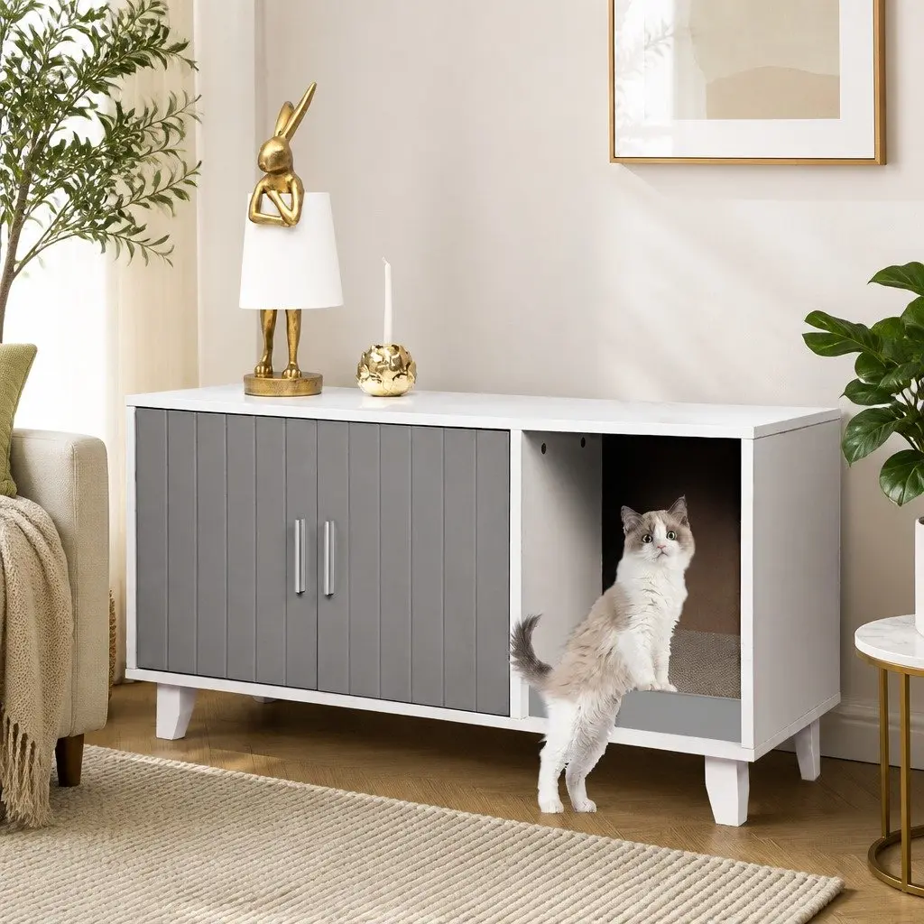 Cat Litter Box Enclosure Cabinet Wooden Furniture Grey Indoor Side Table