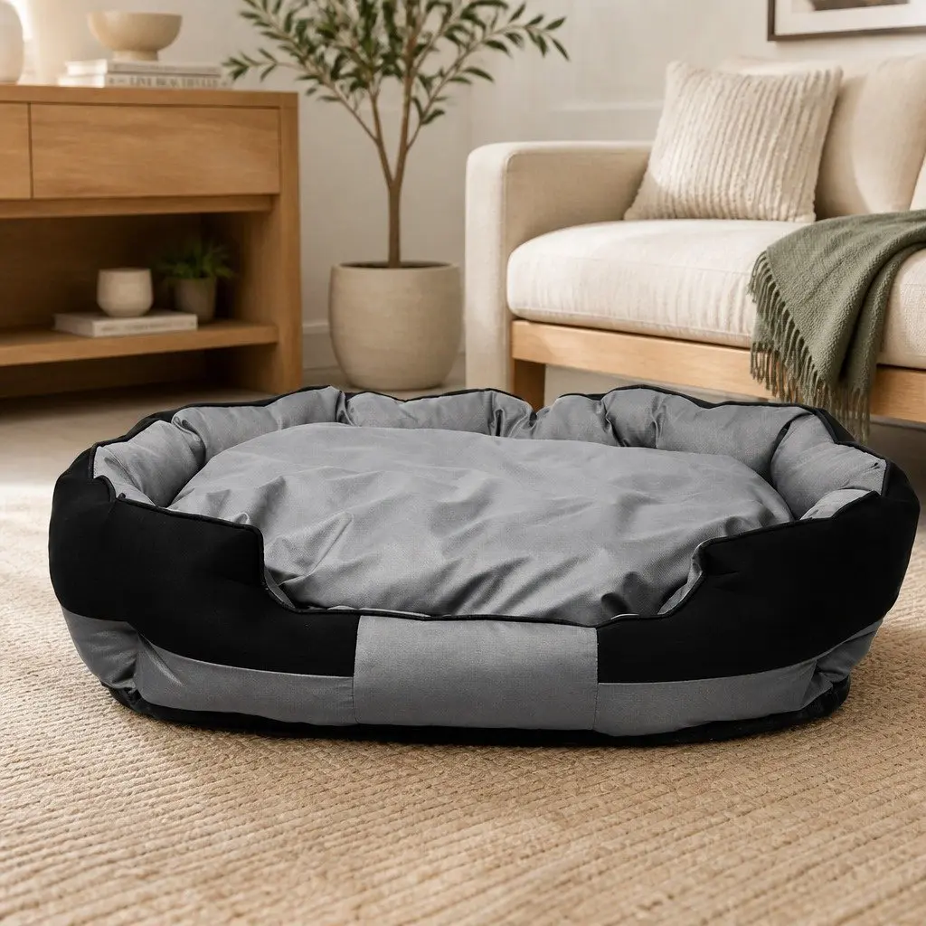 Orthopaedic Waterproof Pet Dog Calming Bed Medium 90cm x 70cm Grey and Black Removable Cover Washable
