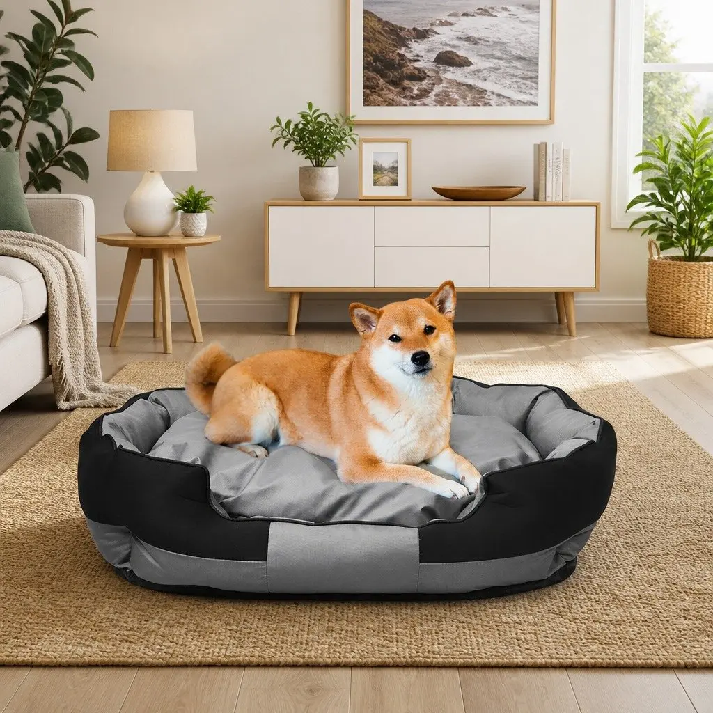 Orthopaedic Waterproof Pet Dog Calming Bed Medium 90cm x 70cm Grey and Black Removable Cover Washable