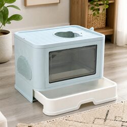 Foldable Cat Litter Box Enclosed Tray with Entry Exit Doors Built-in Brush Blue