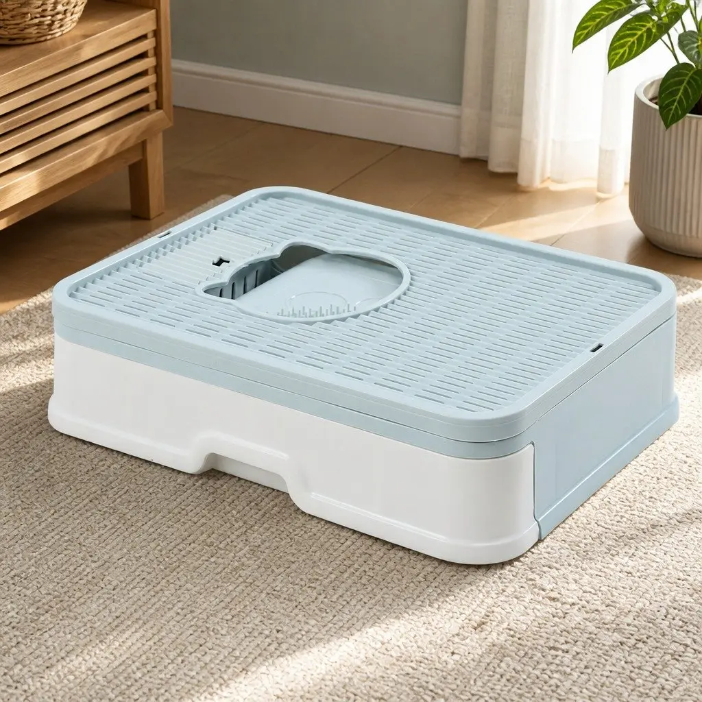 Foldable Cat Litter Box Enclosed Tray with Entry Exit Doors Blue