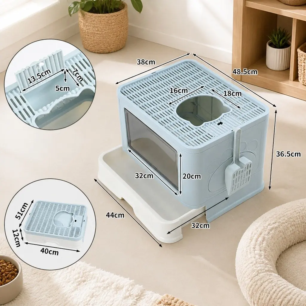 Foldable Cat Litter Box Enclosed Tray with Entry Exit Doors Blue
