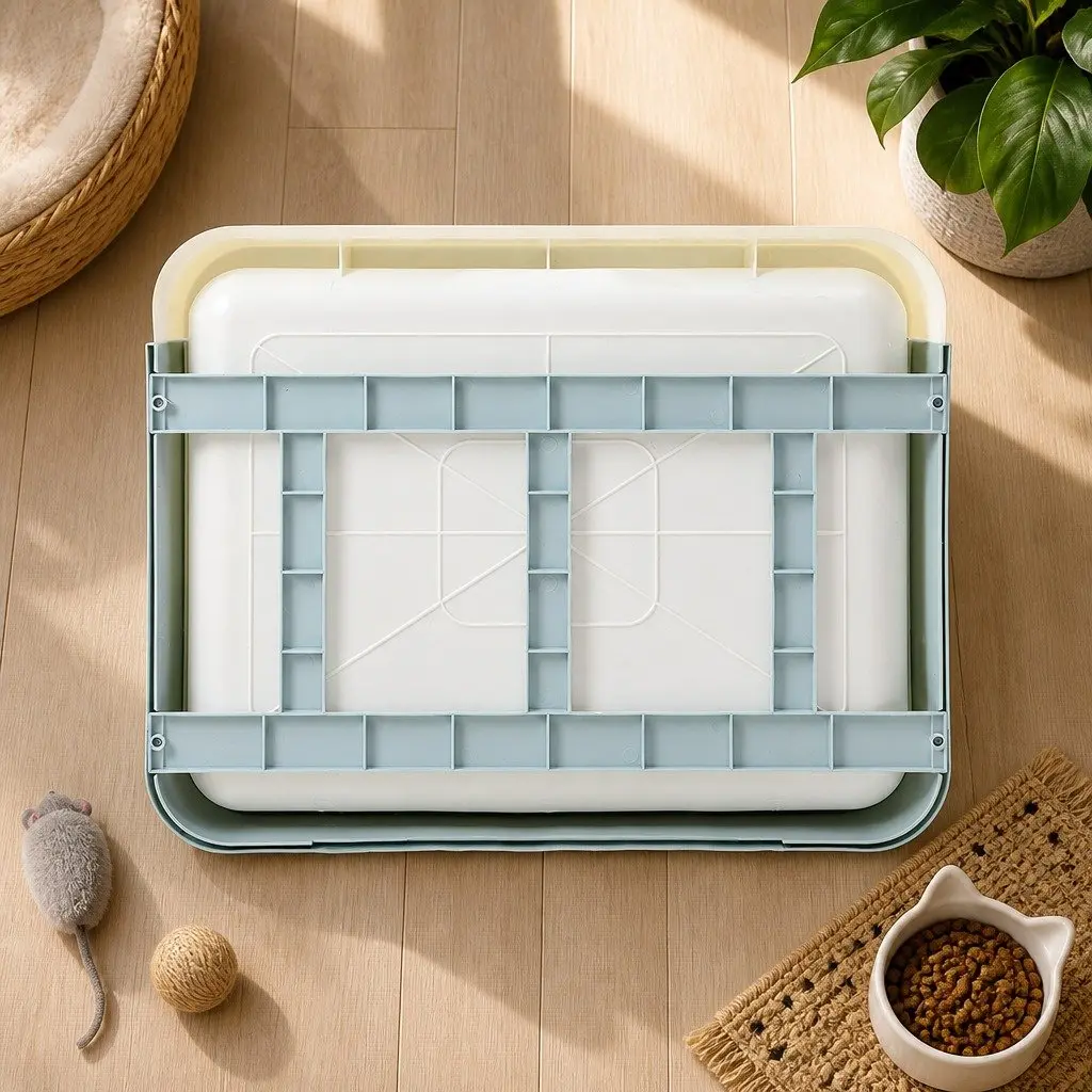 Foldable Cat Litter Box Enclosed Tray with Entry Exit Doors Blue