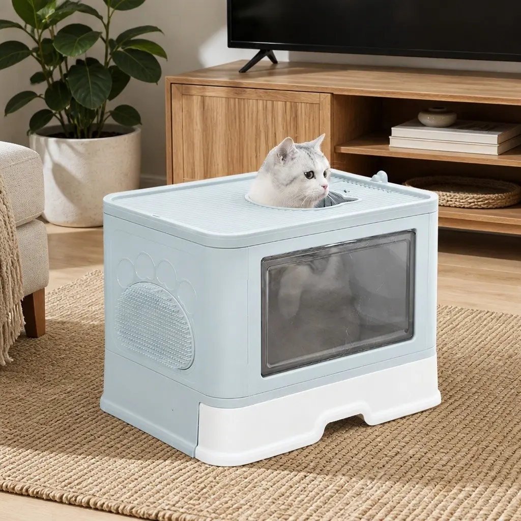 Foldable Cat Litter Box Enclosed Tray with Entry Exit Doors Blue