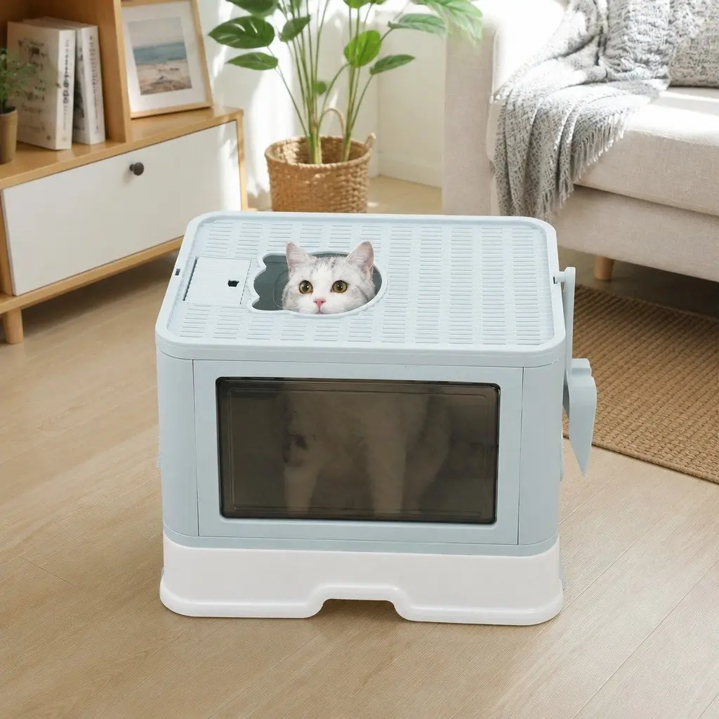 Foldable Cat Litter Box Enclosed Tray with Entry Exit Doors Blue